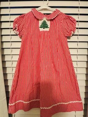Red Gingham Holiday Dress with Green Christmas Tree Smocking